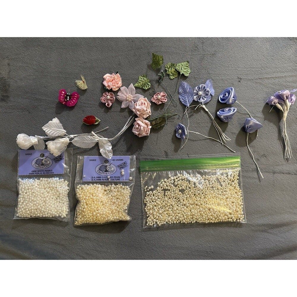 VNTG Craft Supplies Lot- Pearl Beads, Satin Flowers, Roses, Leaves & Embellishme